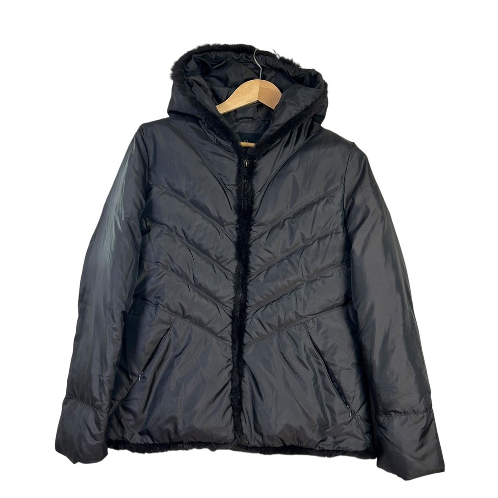 Quilted Down Hooded Puffer Jacket‎ Rabbit Fur Trim Quiet Luxury Coat Black XL